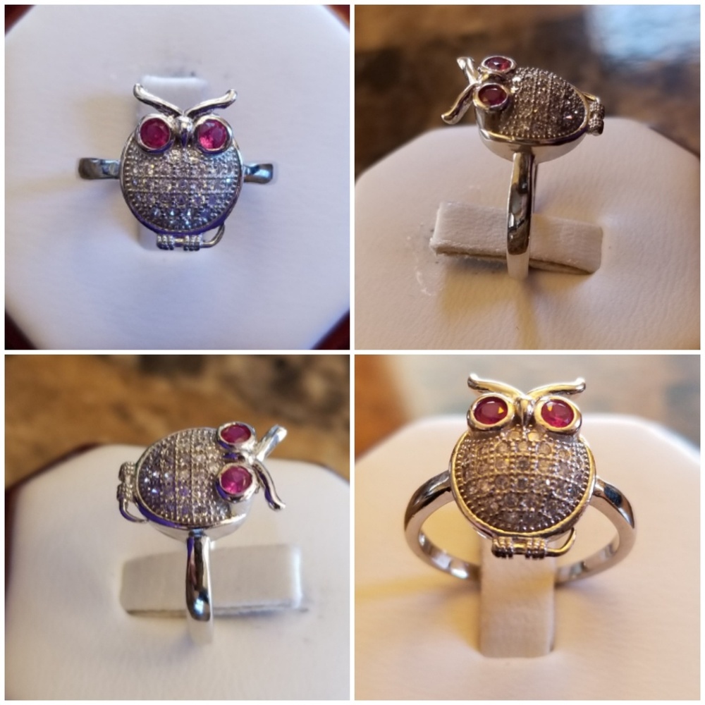 Genuine White Sapphire & Ruby Baby Owl Ring Size 6 - Picture 3 of 5